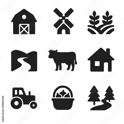 Rural Icon Collection. Solid, filled icons set of rural and countryside living: farmhouse, windmill, field