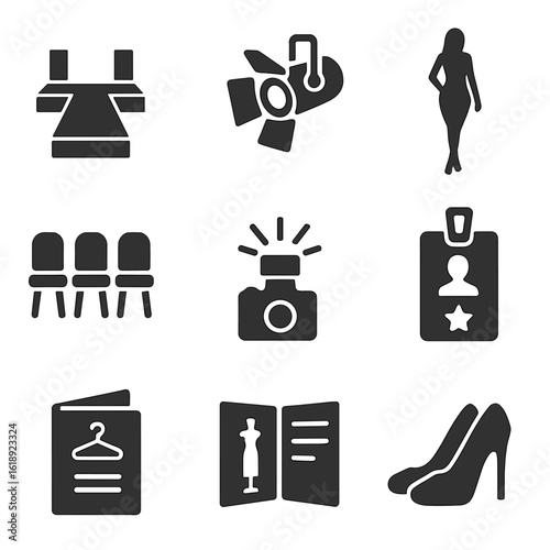 Runway Fashion Icons. Solid, filled icons set of runway fashion shows: catwalk stage, spotlight icon, model