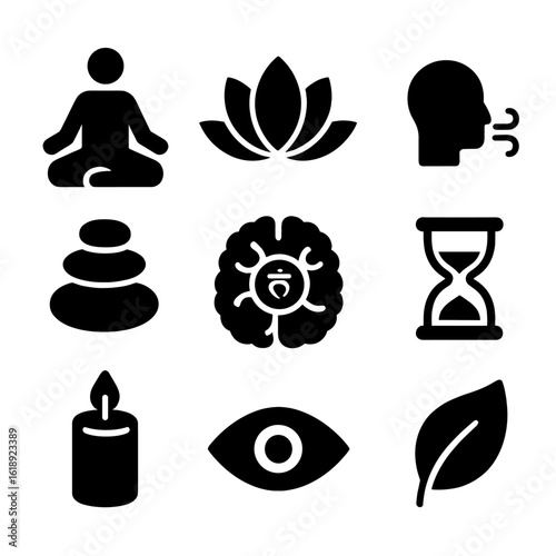Mindfulness Icon Collection. Solid, Filled icon set of mindfulness practices: meditation pose, lotus flower, breathing symbol, zen