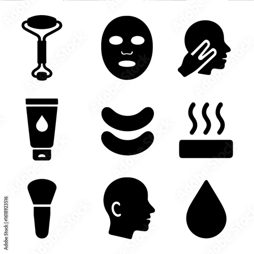 Facial Care Icons. Solid, filled icon set of facial massage and skincare: jade roller, face mask, gentle touch hand, cooling gel,