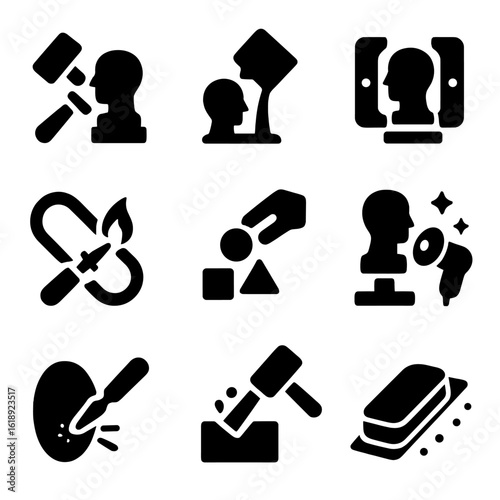 Sculpture Techniques Icons. Solid, filled icons set of sculpture techniques: carving, casting, molding,