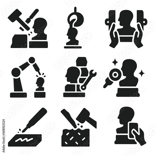 Sculpture Techniques Icons. Solid, filled icons set of sculpture techniques: carving, casting, molding,