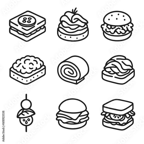 Mini Sandwich Icon Set. Outline icon set of mini sandwich canapés: cucumber tea sandwich, smoked salmon blini, chicken salad