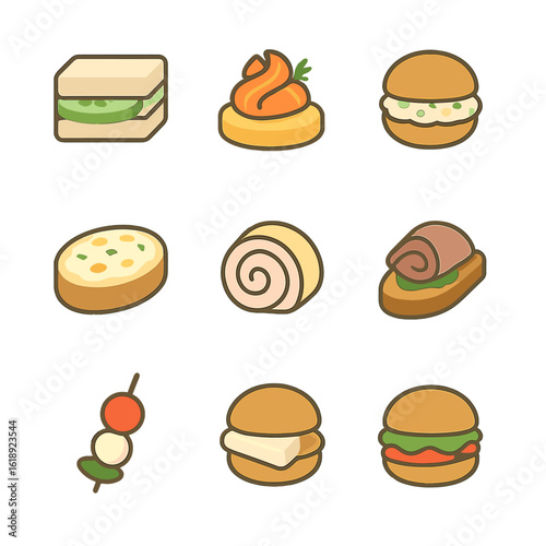 Mini Sandwich Icons. Flat icon set of mini sandwich canapés: cucumber tea sandwich, smoked salmon blini, chicken salad slider, egg