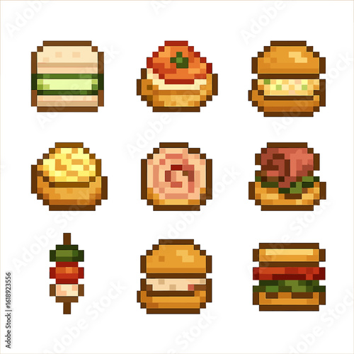 Mini Sandwich Icons. Pixel art icon set of mini sandwich canapés: cucumber tea sandwich, smoked salmon blini, chicken salad slider