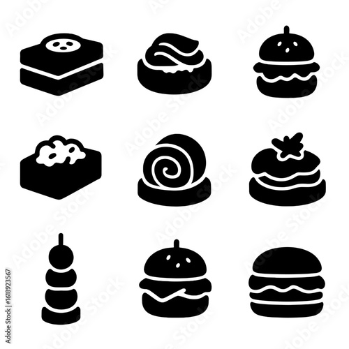 Mini Sandwich Icons. Solid, Filled icon set of mini sandwich canapés: cucumber tea sandwich, smoked salmon blini, chicken salad