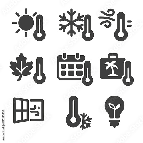 Seasonal Thermostat Icon Set. Solid, filled icons set of seasonal thermostat usage: summer heat icon, winter