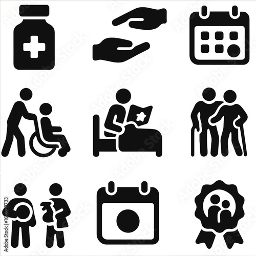 Family Care Icons. Solid, filled icons set of caregiving within families: medicine bottle, helping hand, daily