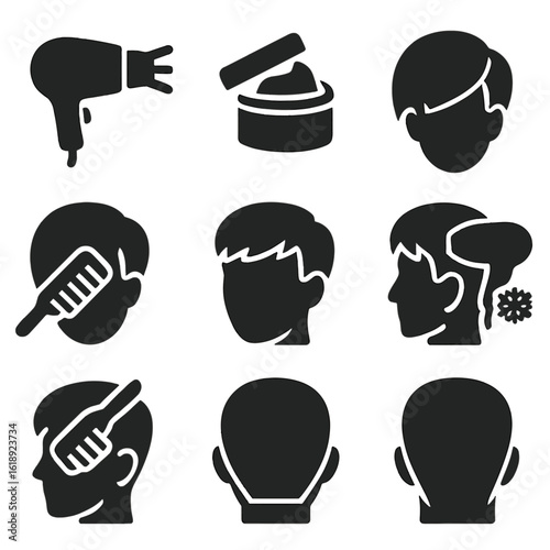 Short Hair Styling Icons. Solid, filled icons set of short hair blow drying steps: precision nozzle, styling