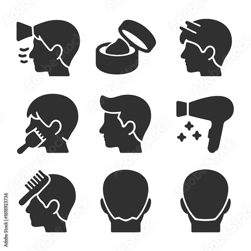Short Hair Blow Drying. Solid, filled icons set of short hair blow drying steps: precision nozzle, styling