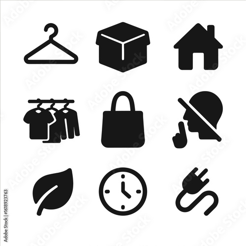 Minimalist Lifestyle Icons. Solid, filled icon set of minimalist lifestyle symbols: simple clothing hanger, declutter box, tiny