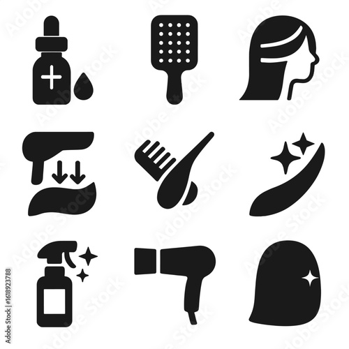 Sleek Blow Dry Icons. Solid, filled icons set of sleek and smooth blow dry technique: anti-frizz serum, paddle