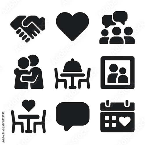 Family Icons Grid. Solid, filled icons set of relationship and family goals: handshake, heart icon, group chat