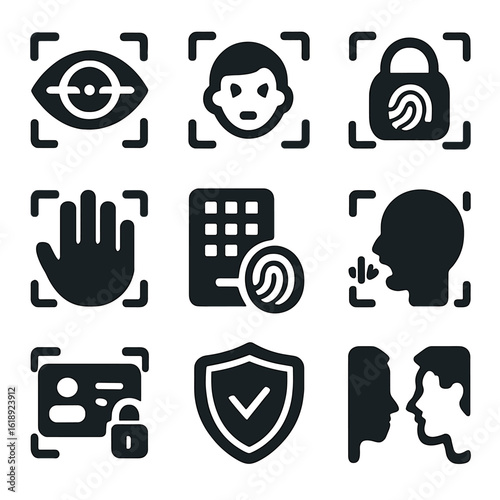 Smart Home Biometric Icons. Solid, filled icons set of biometric access in smart homes: iris scan, facial scan