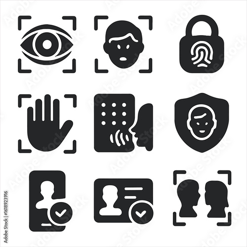 Smart Home Biometric Icons. Solid, filled icons set of biometric access in smart homes: iris scan, facial scan