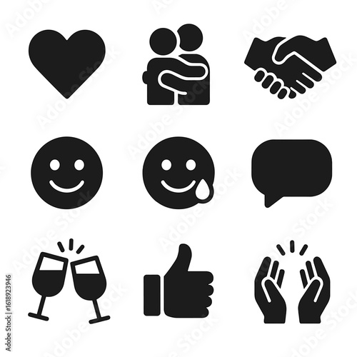 Family Reunion Icons. Solid, filled icon set of family reunion emotions: heart, hug, handshake, smiling face, tear of joy, speech