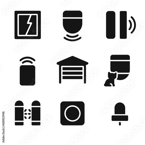 Smart Home Sensor Icons. Solid, filled icons set of sensor-based home protection: window break sensor, motion