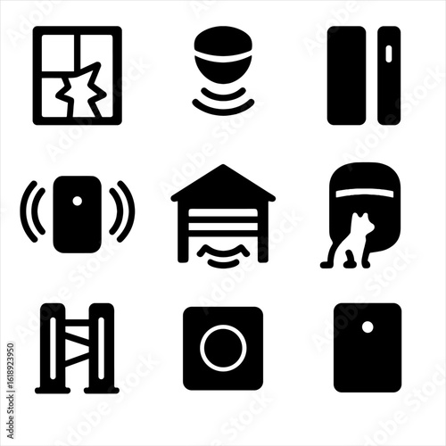 Smart Home Sensor Icons. Solid, filled icons set of sensor-based home protection: window break sensor, motion