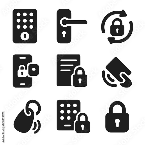 Smart Locks Icon Set. Solid, filled icons set of smart locks and entry systems: keyless doorpad, smart handle,