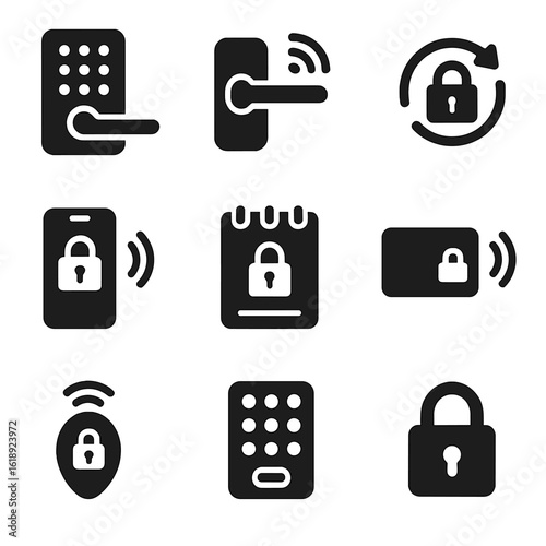 Smart Locks Icon Set. Solid, filled icons set of smart locks and entry systems: keyless doorpad, smart handle,