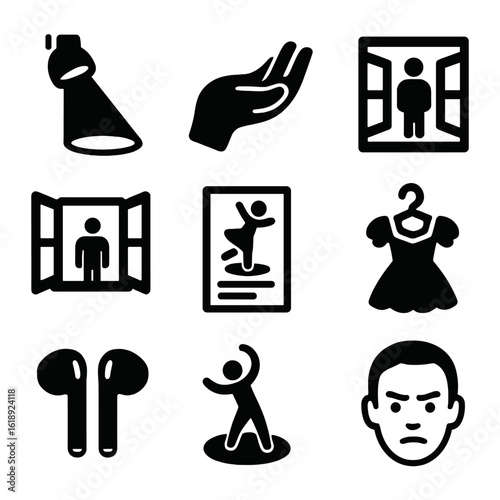 Solo Performance Icons. Solid, filled icons set of solo performance practice: spotlight beam, hand pose, stage