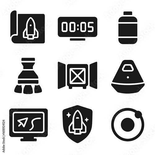 Space Mission Icons. Solid, filled icons set of space mission logistics: mission blueprint, launch countdown