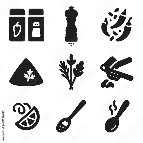 Spice Icons Set. Solid, filled icons set of spice and flavor combinations: spice jars, salt grinder, chili