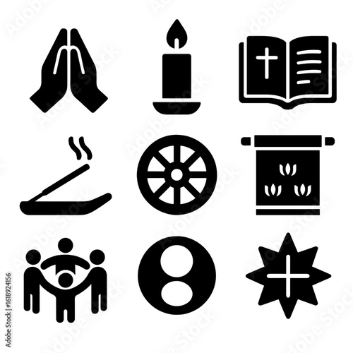 Spiritual Icons Grid. Solid, filled icons set of religious and spiritual traditions: prayer hands, ceremonial