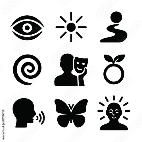 Icons of Spiritual Transformation. Solid, filled icons set of spiritual awakening and transformation: open