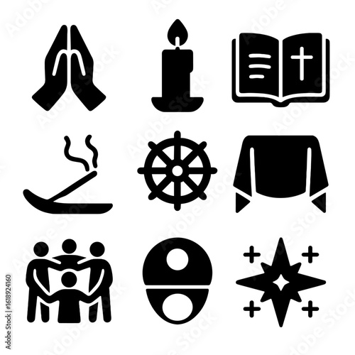 Spiritual Icons Grid. Solid, filled icons set of religious and spiritual traditions: prayer hands, ceremonial