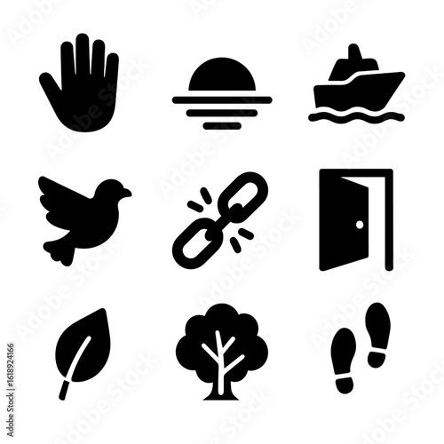 Farewell Symbols Icon Set. Solid, filled icon set of symbols of farewell: waving hand, sunset, departing ship, dove flying, broken