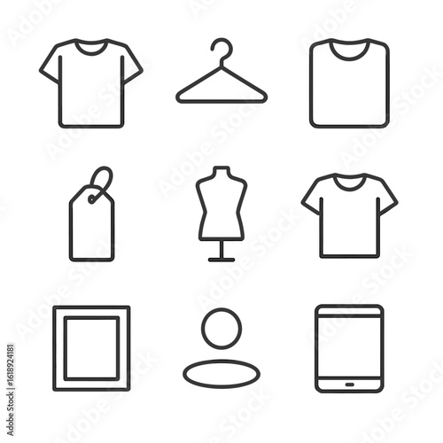 Mockup Icon Grid. Outline icon set of mockup and presentation: T-shirt front view, hanger hook, folded tee, apparel tag, mannequin