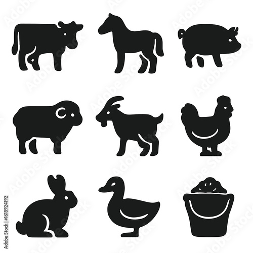 Farm Animal Icons. Solid, filled icons set of farm animals and feed buckets: cow, horse, pig, sheep, goat,