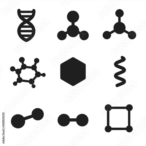 Molecule Icons Grid. Solid, filled icon set of molecule structures: DNA helix, water molecule, methane molecule, glucose structure