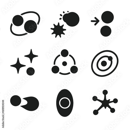 Star Systems Icons. Solid, filled icons set of binary and multiple star systems: binary orbit, eclipsing