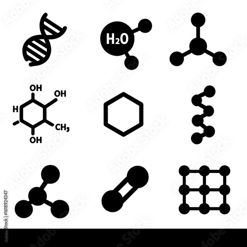 Molecule Icons Grid. Solid, filled icon set of molecule structures: DNA helix, water molecule, methane molecule, glucose structure