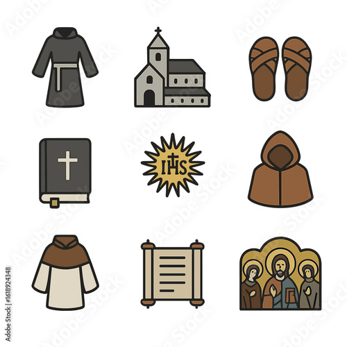 Monastic Order Icons. Flat icon set of monastic and religious orders: Benedictine habit, Cistercian abbey, Franciscan sandals,