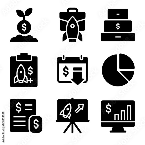 Startup Financial Icons. Solid, filled icons set of startup financial essentials: seed funding icon, bootstrap