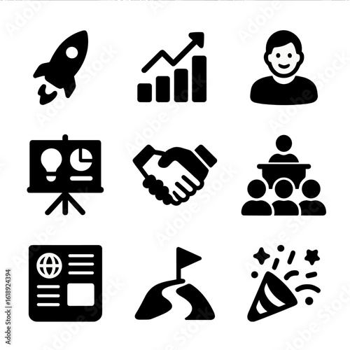 Startup Growth Icons. Solid, filled icons set of startup launch and growth moments: product launch rocket,