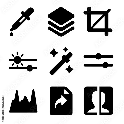 Fashion Editing Icons. Solid, filled icons set of fashion photography editing: color picker, layer icon, crop