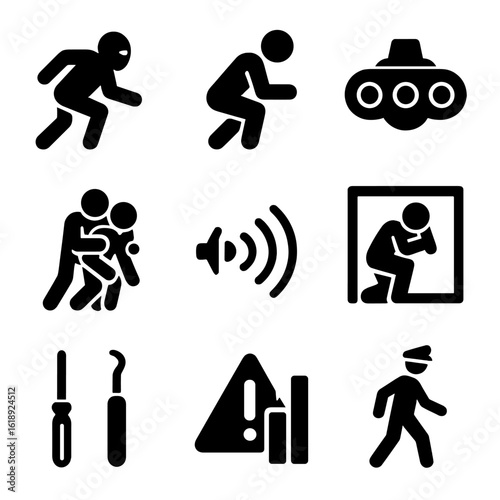 Stealth Action Icons. Solid, filled icons set of stealth action gameplay: stealth icon, crouch pose, night