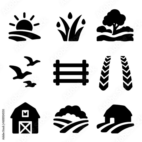 Morning Field Icons. Solid, filled icon set of early morning field scenery: rising sun, dew-covered grass, distant hills, mist