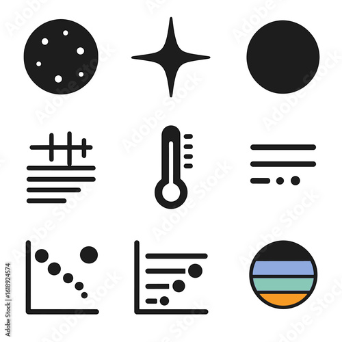 Stellar Icon Grid. Solid, filled icons set of stellar classification and types: O-type star, B-type star,