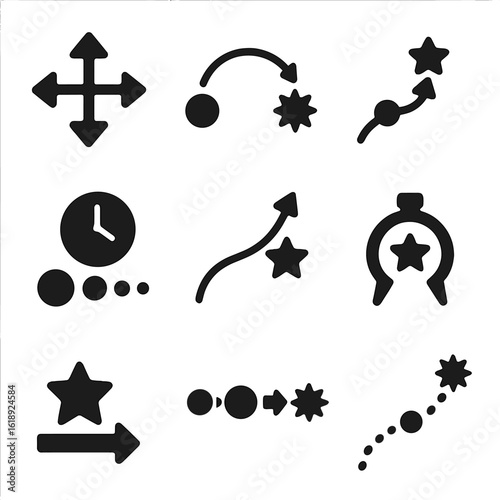 Stellar Lifecycle Icons. Solid, filled icons set of stellar motion and lifecycle timelines: proper motion