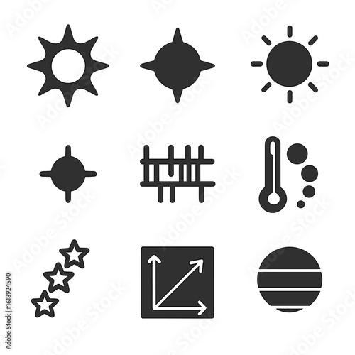 Stellar Icon Grid. Solid, filled icons set of stellar classification and types: O-type star, B-type star,