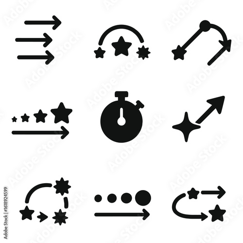 Stellar Lifecycle Icons. Solid, filled icons set of stellar motion and lifecycle timelines: proper motion