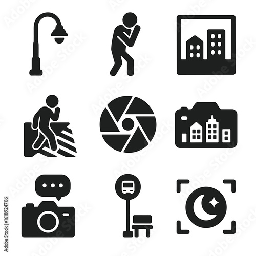 Street Photography Icons. Solid, filled icons set of street photography: street lamp, candid pose icon, urban
