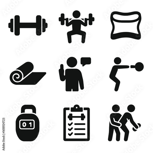 Strength Training Icons. Solid, filled icons set of strength and conditioning drills: dumbbell icon, barbell