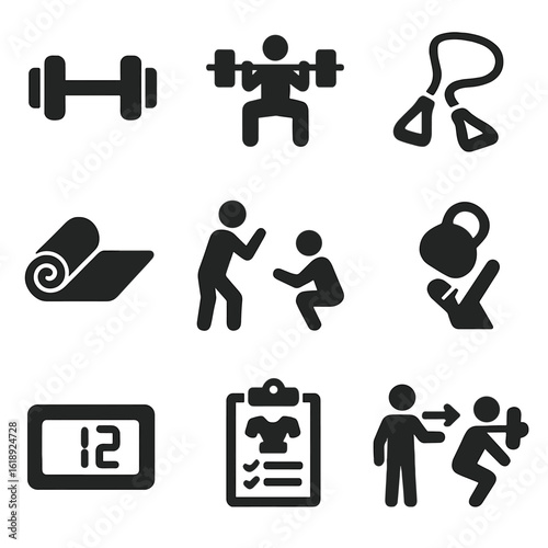 Strength Training Icons. Solid, filled icons set of strength and conditioning drills: dumbbell icon, barbell