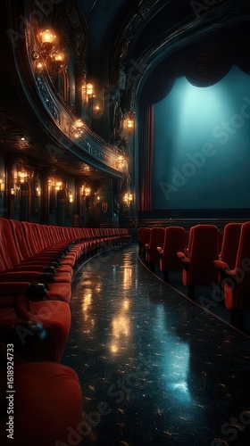 Majestic theater interior with elegant red seats and dramatic lighting in a historic building